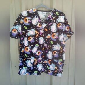 Women's Halloween Nursing Scrub Top Size Small Ghost Witch